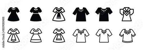 Dress and shirt icon set - various styles and patterns in black and white