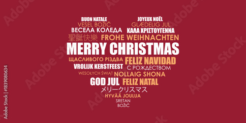 merry christmas greetings with heart text in different languages vector illustration