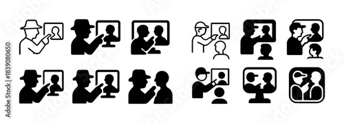 Black and white silhouettes: spy, detective, artist, photographer, and family icons