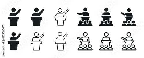 Collection of speaker icons: podium, audience, gesture variations in black and white