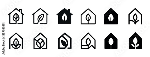 Collection of eco-friendly house icons with leaf designs