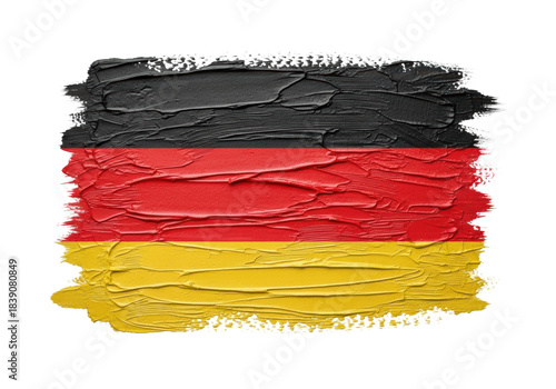 Ultra photorealistic macro of the german flag rendered in thick, distressed impasto paint texture, isolated flat lay on bright gray background with copy space. concept of german national pride
