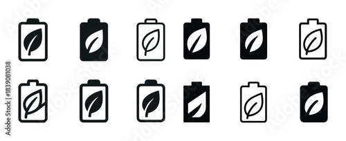 Set of eco-friendly battery icons with leaf symbol in various styles