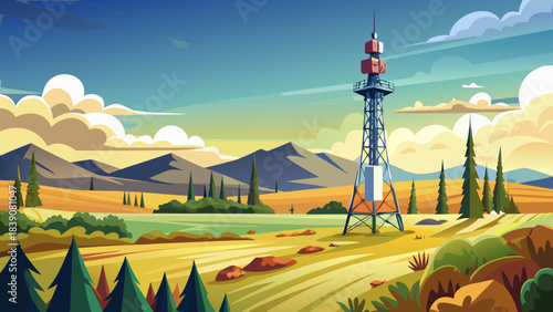 Very beautiful tall communication tower standing in open rural fields beneath clear sky, representing modern connectivity in peaceful countryside environment with natural scenery and balanced technolo