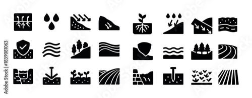 Black silhouette icons of soil erosion, agriculture, and plant growth