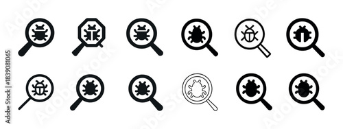Magnifying glass with bug icons in various styles and designs