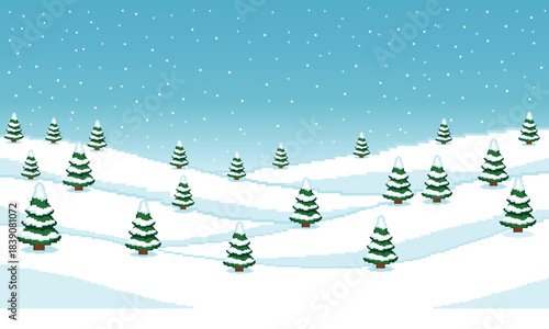 Winter landscape illustration with white snow forming gentle hills. Green fir trees with snowdrifts, for Christmas, winter, greeting cards, design backgrounds, banners, or holiday decorations.