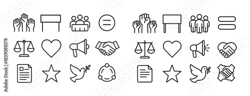 Line icons of social justice: equality, peace, activism, unity, balance