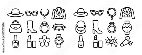 Fashion accessory icons: hats, jewelry, clothing, footwear, makeup, watches