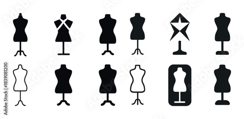 Collection of various black mannequins in different styles and poses