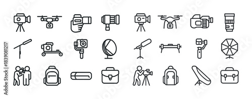 Photography and videography equipment icons set