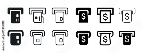Set of atm and credit card slot icons in black and white