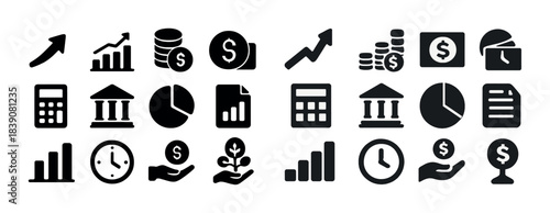 Financial growth and investment icons set for business analysis