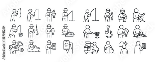 Fishing icons collection: activities, equipment, and weather monitoring