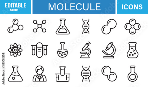 Comprehensive Molecule Icon Pack Showing Scientific Tools, Atomic Models, Biology Elements, Chemical Reactions, and DNA Shapes