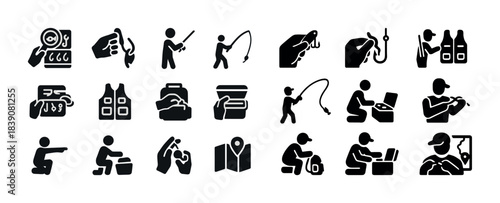 Fishing and camping icons set: outdoor activities, equipment, male and female, various actions