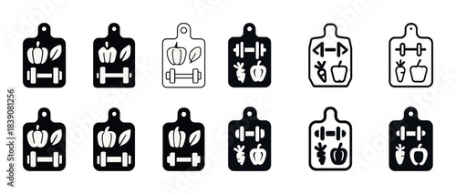 Healthy lifestyle icons: fruit, vegetables, and dumbbells on cutting boards