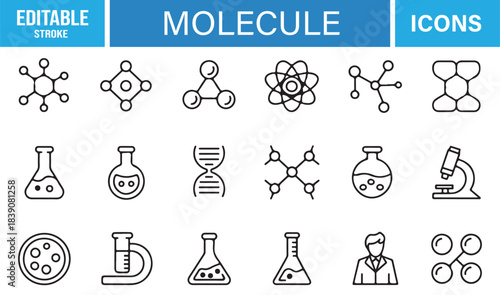 Stylish Minimal Icons for Molecular Science Featuring Atoms, Bonds, Laboratory Glassware, DNA, and Research Concepts