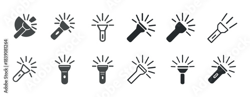 Set of flashlight icons with different light beam designs in black and white