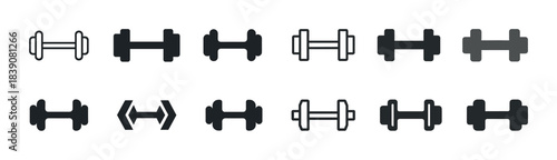 Set of dumbbell icons in various styles and shades for fitness and training