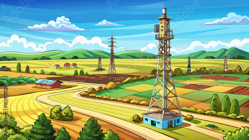 Very beautiful tall communication tower standing in open rural fields beneath clear sky, representing modern connectivity in peaceful countryside environment with natural scenery and balanced technolo