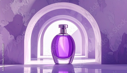 Purple Perfume Bottle in Abstract Tunnel of Arched Structures with Gradient Lighting