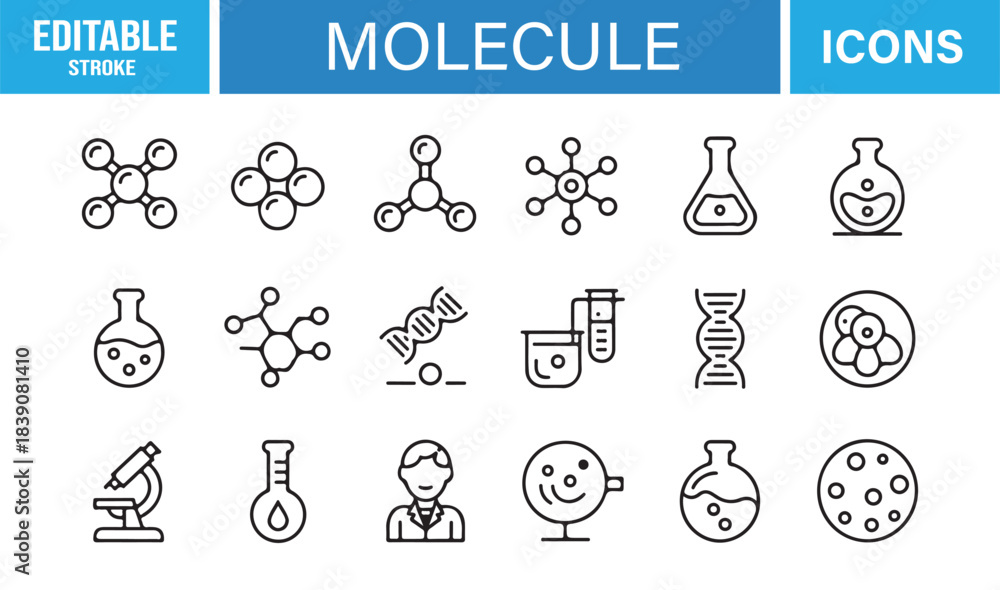 Naklejka premium Clean Molecule Symbol Collection Including Chemical Structures, Microscopes, DNA, Labware, Cells, and Experiment Tools
