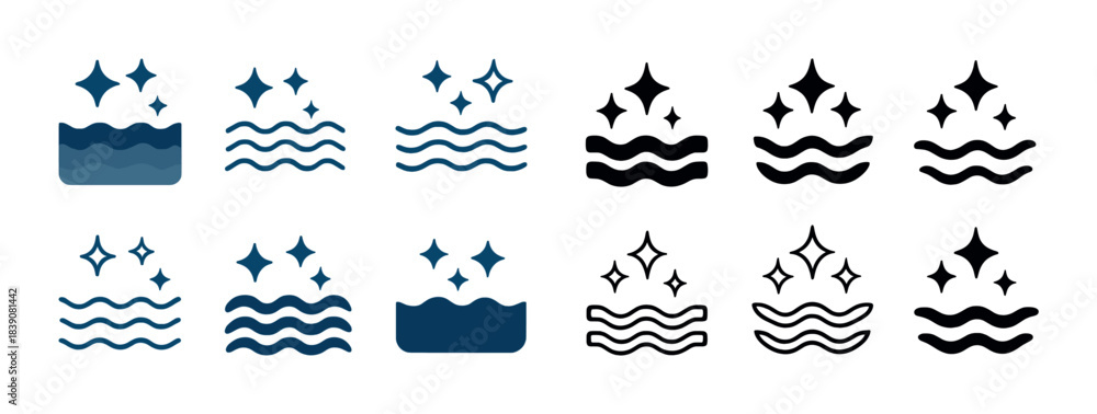 Naklejka premium Collection of abstract water waves and sparkles icons in blue and black