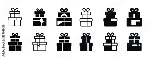 Set of gift box icons with bows in black and white