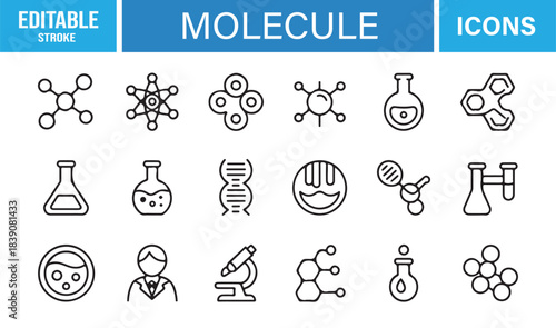 Vector Line Art Set Depicting Atoms, DNA Chains, Test Tubes, Flasks, Droplets, Cells, and Lab Research Icons