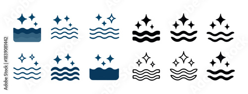 Collection of abstract water waves and sparkles icons in blue and black