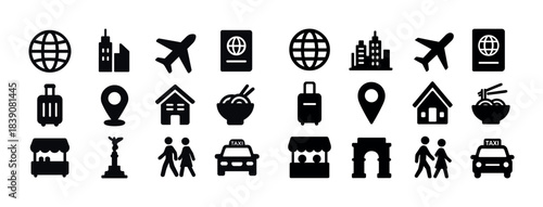 Travel icons: airplane, passport, globe, city, food, taxi, landmark, suitcase, location