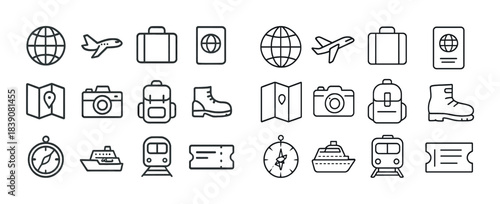 Travel icons: airplane, suitcase, passport, camera, compass, map, train, ship