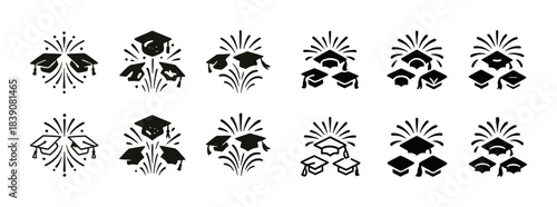 Graduation cap icons with fireworks celebrating academic achievement