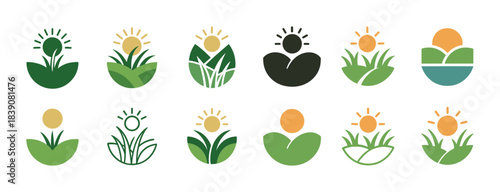 Collection of eco-friendly nature icon designs with sun and plant motifs