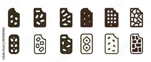Set of chocolate bar icons with bite marks in various patterns