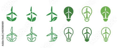 Green energy icons: wind turbines and light bulbs with leaf designs