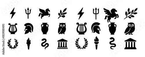 Greek mythology icons: symbols of gods, heroes, and ancient culture