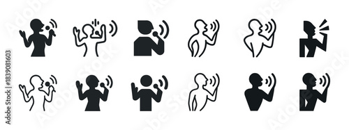 Voice communication icons in black and white illustrating various figures