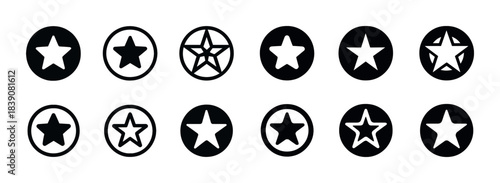 Set of 12 black and white star icons in circles with varied designs