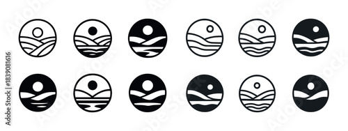 Abstract landscape icons: circular black and white designs