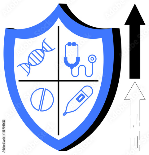 Healthcare protection, innovation, medical care, progress, advancement, preventive measures. A shield with medical icons and upward arrows. Healthcare protection and innovation concept