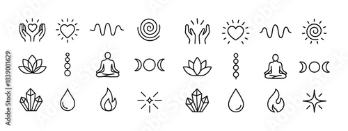 Minimalist meditation and spirituality icons: hands, symbols, lotus, crystals, fire, water