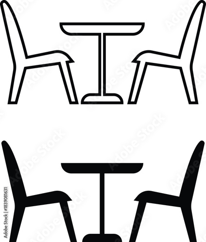 Furniture and chair icons set, collection of sofa, armchair, dining chair bar stool lounge seat, director chair table and seating symbols in solid and outline vector isolated on transparent background