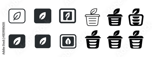 Leaf and plant pot icons collection in various styles for eco-friendly design projects