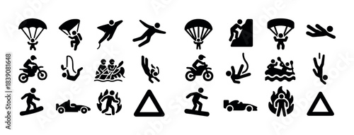 Adventure sports icons collection: skydiving, paragliding, surfing, rafting, climbing, racing