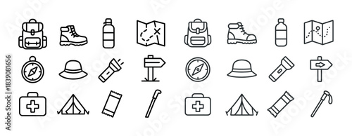 Outdoor adventure icons: backpack, map, boots, water bottle, compass, hat, flashlight, tent, trail sign