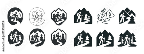 Hiker icons set with nature and mountain trees