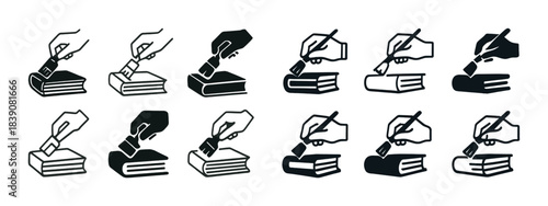Hand icons writing with pen on book closed and open in various styles