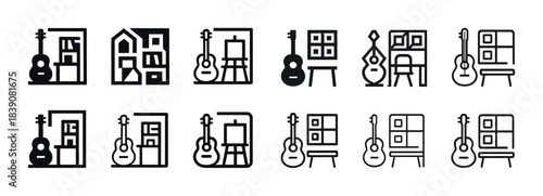 Black and white icon set of musical instruments and art supplies
